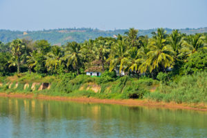 Picturesque view of Phalguni River with hills and coconut palms in the background at Polali, Addur, Mangalore, Karnataka, India